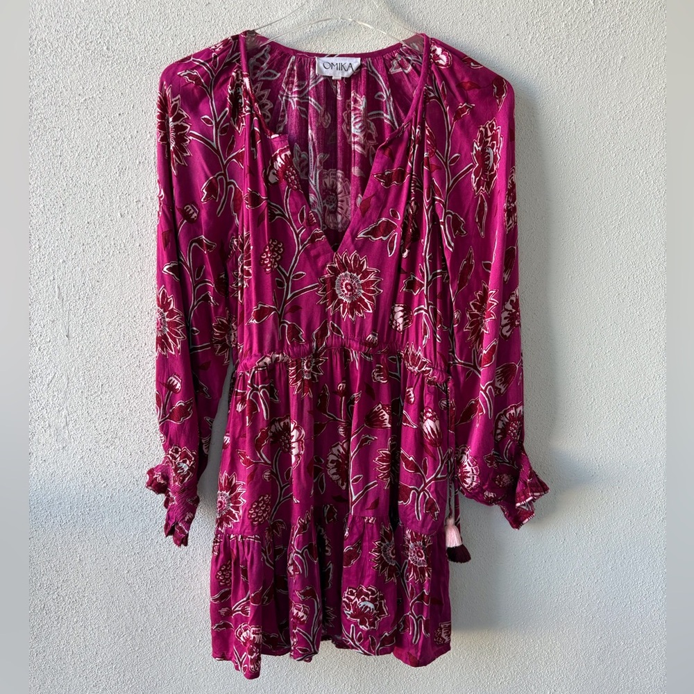 Omika Tiered‎ Boho Mini Dress Size XS  Pink Floral Peasant Cottage Soft Cowgirl